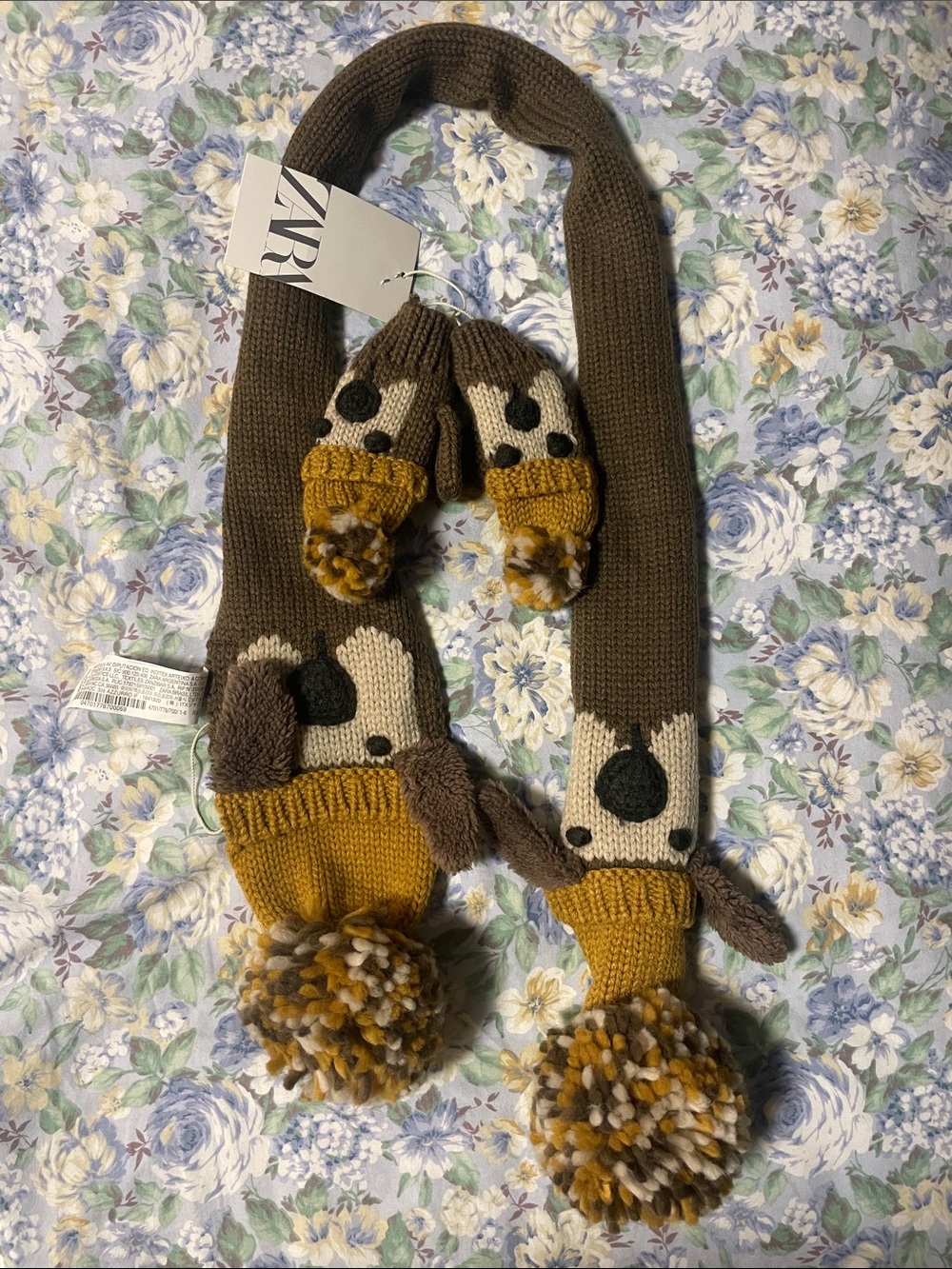 ZARA Kids Brown & Mustard Dog Knit Scarf with Pom-Pom Mittens